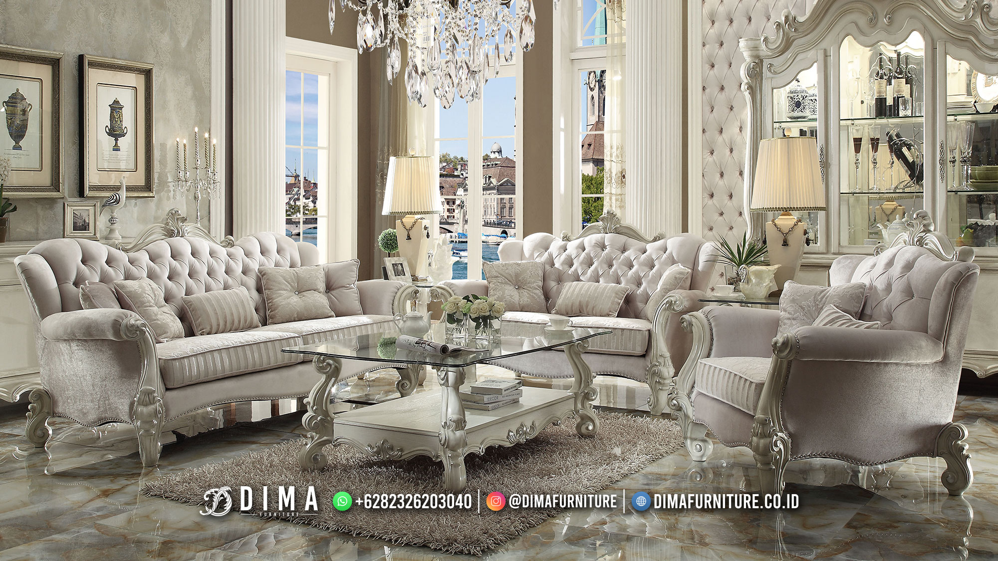 Desain Sofa Tamu Jepara Mewah Putih Cantik New Arrival 461MJ